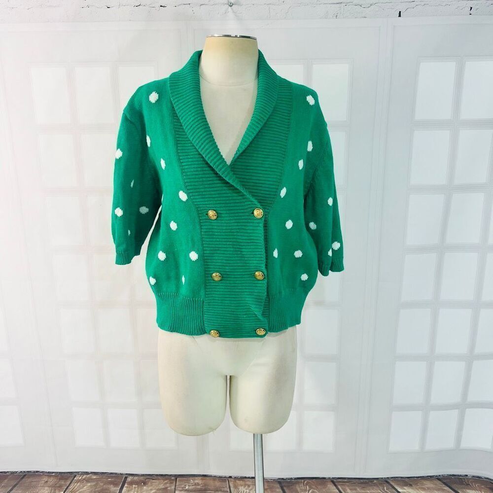 Vintage Susan Bristol Green Retro Polka Dot Double Breasted Cardigan Sweater XL